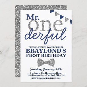 Invitation M. Onederful Birthday Invitation, Blue & Silver