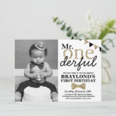 Invitation M. Onederful Black and Gold Photo d'abord annivers (Debout devant)