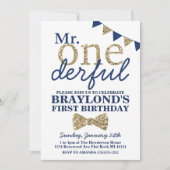 Invitation M. Onederful Blue and Gold First Birthday Invitati (Devant)