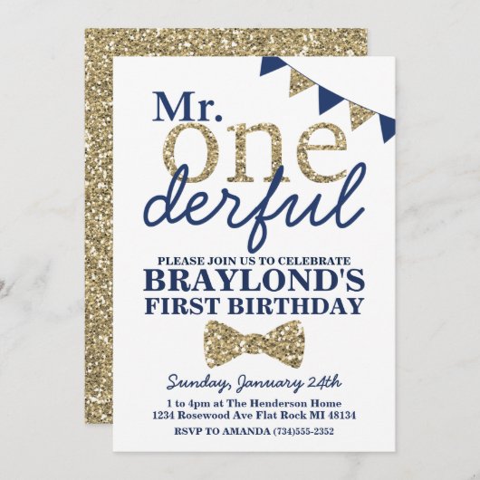 Invitation M. Onederful Blue and Gold First Birthday Invitati (Devant / Derrière)
