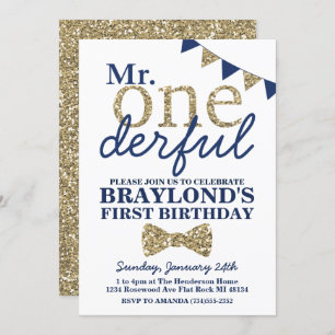 Invitation M. Onederful Blue and Gold First Birthday Invitati