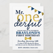 Invitation M. Onederful Blue & Gold 1er anniversaire Invitati (Devant / Derrière)