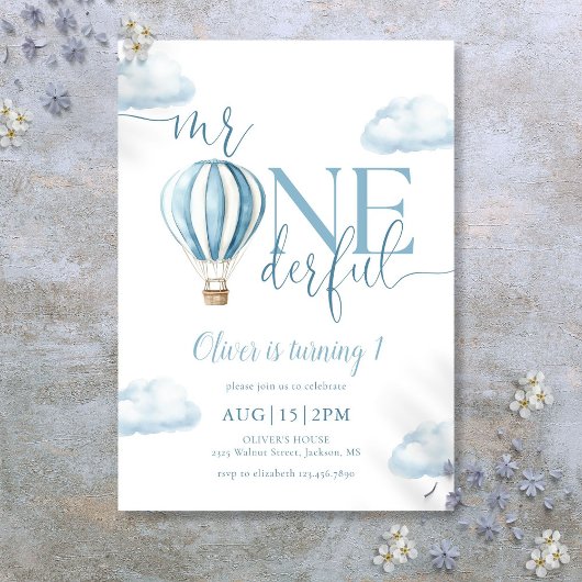 Invitation M. Onederful Blue Hot Air Balloon Boy 1er annivers