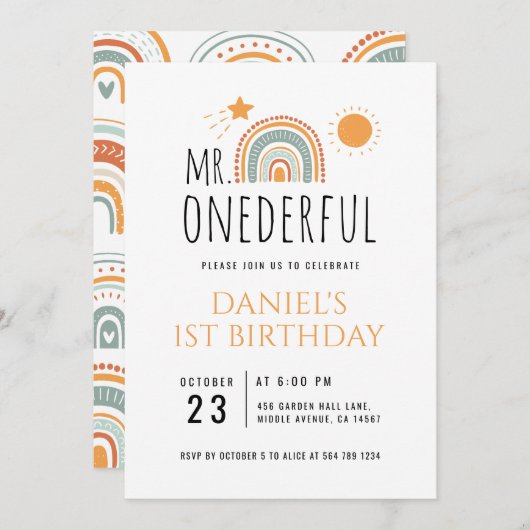 Invitation M. Onederful Boho Arc-en-ciel Premier anniversaire (Devant / Derrière)