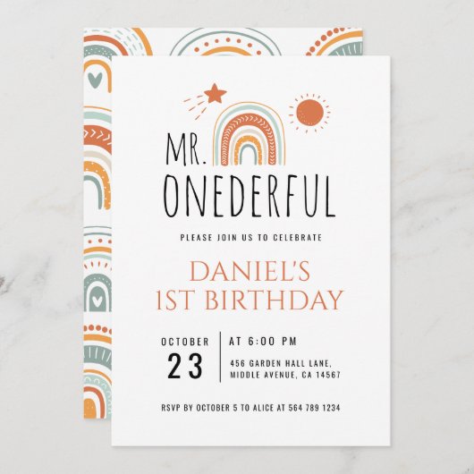 Invitation M. Onederful Boho Arc-en-ciel Premier anniversaire (Devant / Derrière)