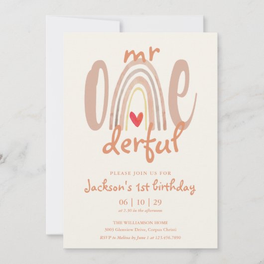 Invitation M. Onederful Boho Rainbow Heart 1er Anniversaire (Devant)