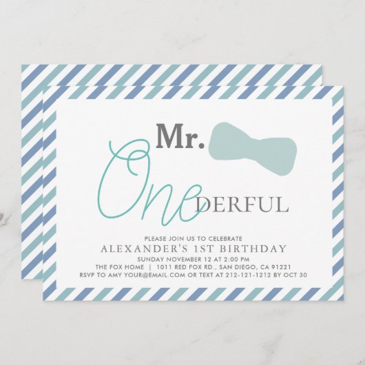 Invitation M. ONEderful Boy Blue 1er anniversaire (Devant / Derrière)