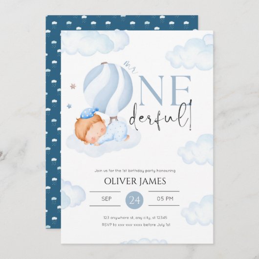 Invitation M. Onederful garçon 1er anniversaire (Devant / Derrière)