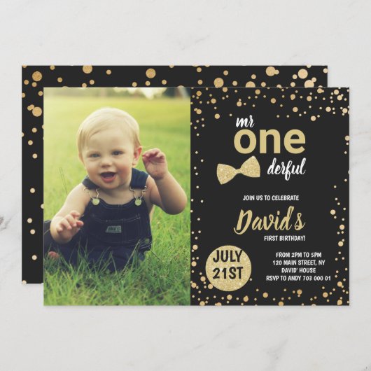 Invitation M. Onederful Gold Boy 1er anniversaire avec photo (Devant / Derrière)