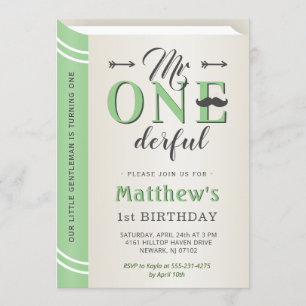 Invitation M. Onederful Green Mustache 1er premier anniversai