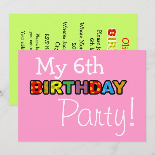 Invitation Ma 6e fête d'anniversaire (Devant / Derrière)