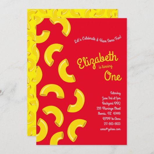 Invitation Mac et Fromage Enfant 1er Anniversaire Parti Macar (Devant / Derrière)