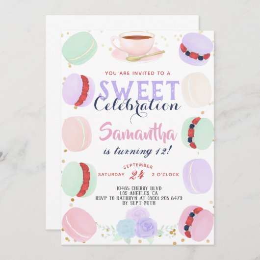 Invitation Macaron Sweet Celebration Anniversaire (Devant / Derrière)