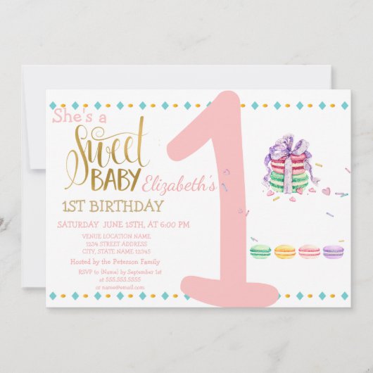 Invitation Macarons Bébé Douce Anniversaire Rayé (Devant)