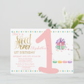 Invitation Macarons Bébé Douce Anniversaire Rayé (Debout devant)