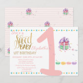 Invitation Macarons Bébé Douce Anniversaire Rayé (Devant / Derrière)