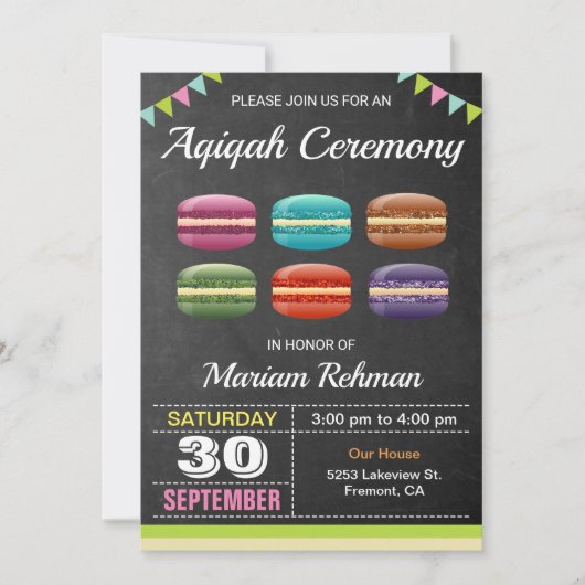 Invitation Macarons doux mignons Aqeeqah | Cérémonie d'Aqiqah (Devant)