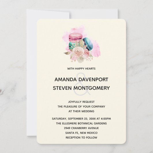 Invitation Macarons et fleurs aquarelle mariage (Devant)
