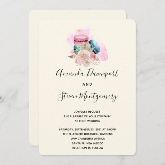 Invitation Macarons et fleurs Mariage d'aquarelle (Devant / Derrière)
