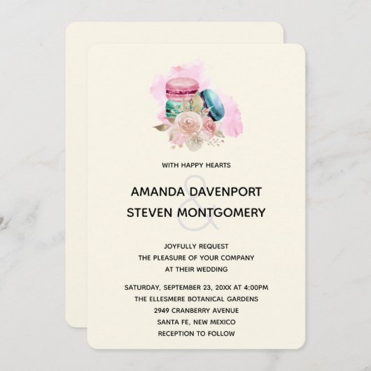 Invitation Macarons et fleurs Mariage d'aquarelle (Devant / Derrière)