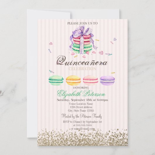 Invitation Macarons Faux Diamants Or Gratuits Quinceañera (Devant)
