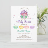 Invitation Macarons français, Baby Shower points bleus (Debout devant)