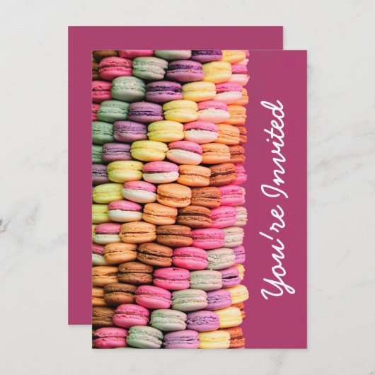 Invitation Macarons mignons et sucrés, fête d'anniversaire ro (Devant / Derrière)