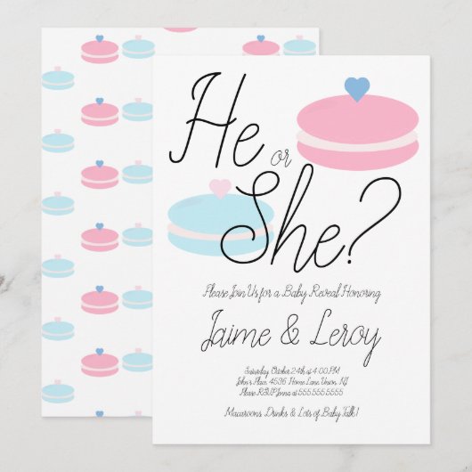 Invitation Macarons Pink Blue Genre Révéler Lui ou Elle (Devant / Derrière)