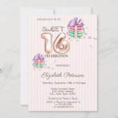 Invitation Macarons Rayures Or Rose Sweet 16 (Devant)