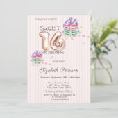 Invitation Macarons Rayures Or Rose Sweet 16 (Debout devant)