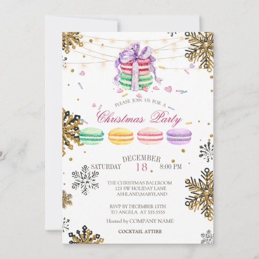 Invitation Macarons, String Light Snowflake Compagnie de Noël (Devant)