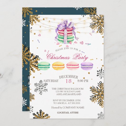 Invitation Macarons, String Light Snowflake Compagnie de Noël (Devant / Derrière)