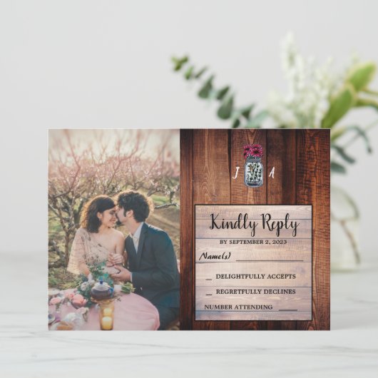 Invitation Maçon rustique bocal grange en bois photo mariage (Debout devant)