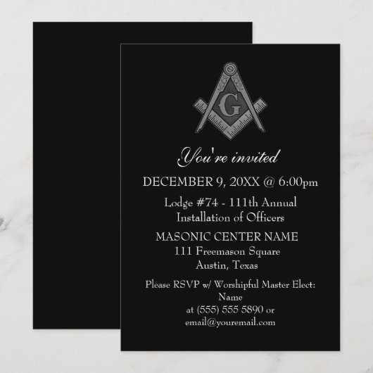 Invitation Maçonnerie Freemason Black Masonic (Devant / Derrière)