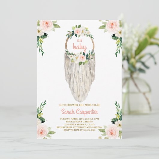 Invitation Macrame baby shower, fille invitée (Debout devant)
