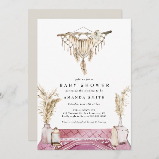 Invitation Macrame Boho Chic Rustic Girl Baby shower (Devant / Derrière)