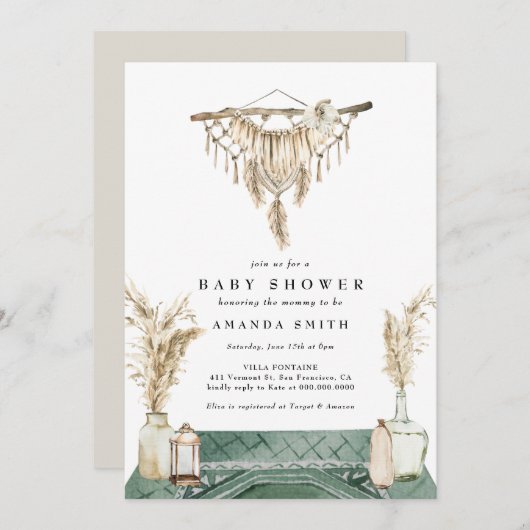 Invitation Macrame Boho Chic Rustique Baby shower neutre  (Devant / Derrière)
