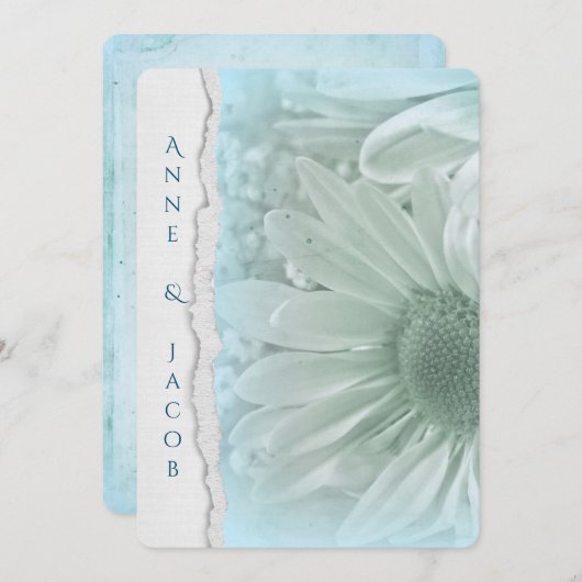 Invitation macro marguerite turquoise sur papier déchiré (Devant / Derrière)
