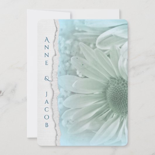Invitation macro marguerite turquoise sur papier déchiré (Devant)
