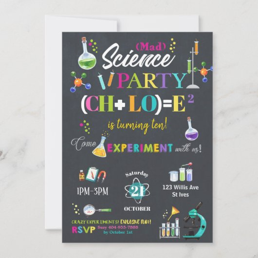 Invitation Mad Science Anniversaire Fête Chalkboard Girl (Devant)