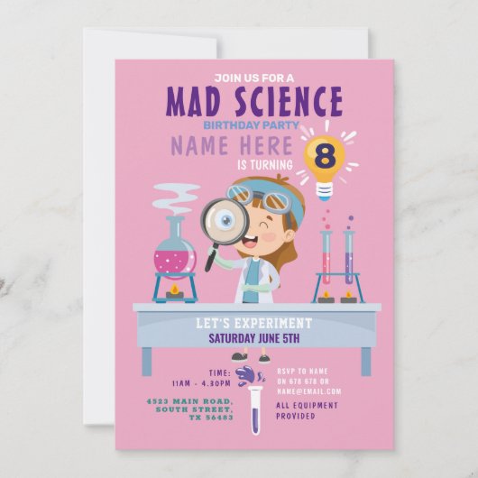 Invitation Mad Science Anniversaire Fête Expérience Filles (Devant)