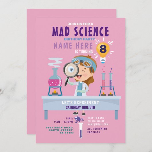 Invitation Mad Science Anniversaire Fête Expérience Filles (Devant / Derrière)