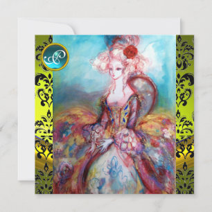 INVITATION MADAME DE POMPADOUR , DAMAS JAUNE NOIR MONOGRAMME
