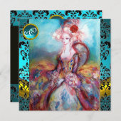 INVITATION MADAME POMPADOUR, BLEU BLACK DAMASK FLOWUR MONOGRA (Devant / Derrière)