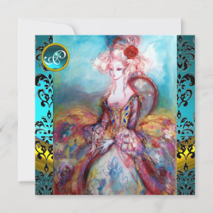 INVITATION MADAME POMPADOUR, BLEU BLACK DAMASK FLOWUR MONOGRA