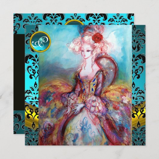 INVITATION MADAME POMPADOUR, FLEUR EN DAMAS BLEU NOIR MONOGRA (Devant / Derrière)