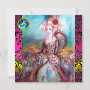 INVITATION MADAME POMPADOUR, FLEUR EN DAMAS NOIR ET ROSE MONO