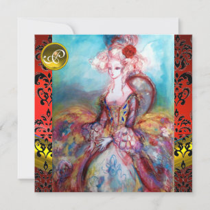 INVITATION MADAME POMPADOUR , FLEUR EN DAMAS NOIR ET ROUGE MO