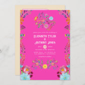 Invitation Magenta & Champagne Floral Mexican Fiesta Wedding (Devant / Derrière)