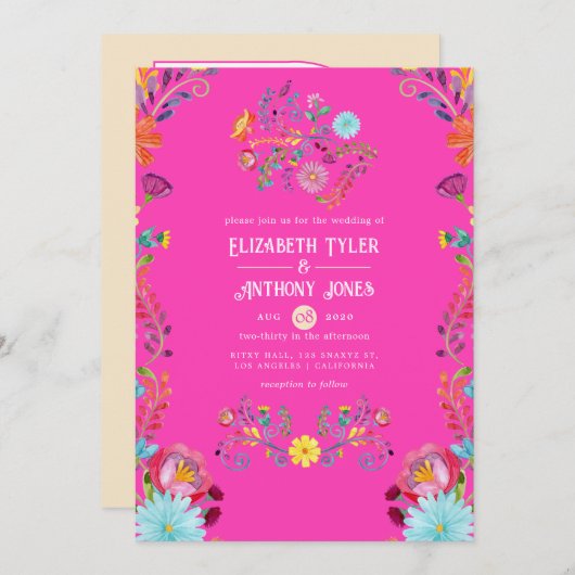 Invitation Magenta & Champagne Floral Mexican Fiesta Wedding (Devant / Derrière)